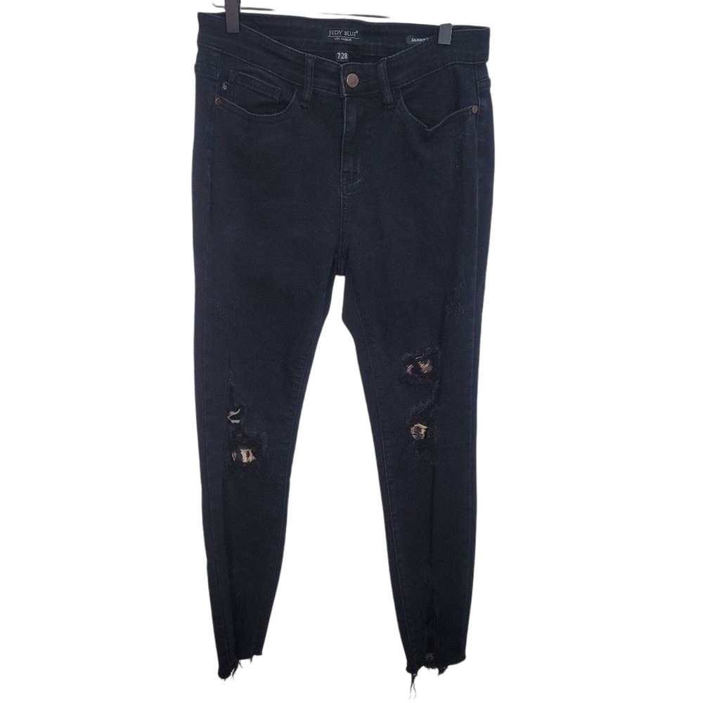 Judy Blue Leopard Patch Distressed Skinny Jeans Black‎ Raw Hem Size 7 / 28